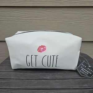 NEW! Rae Dunn “GET CUTE” Cosmetics Makeup Case Bag Pouch White Red Kiss Lips